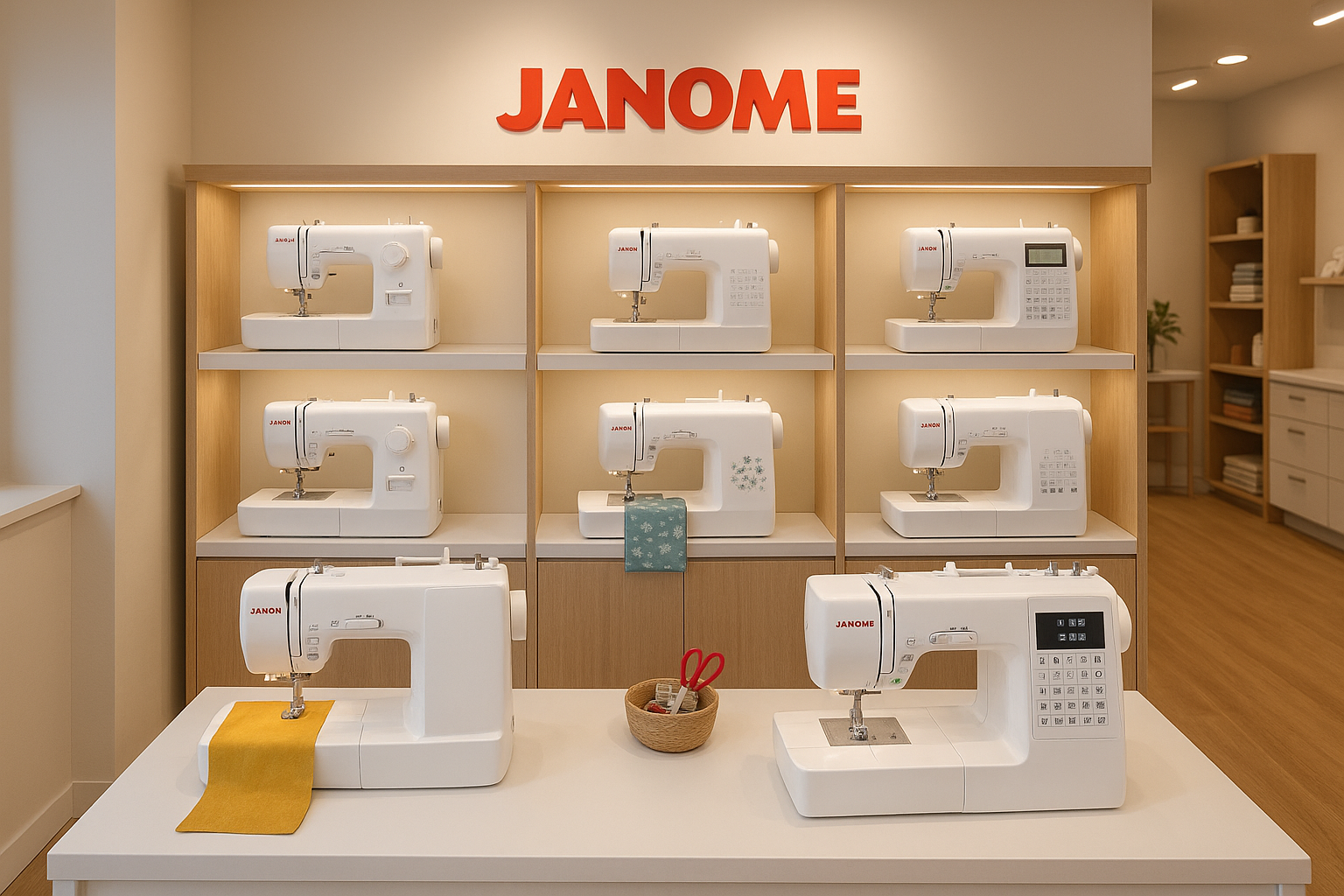 janome symaskiner snyggt presenterade i butik